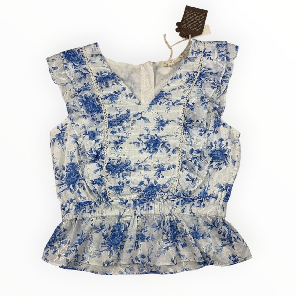 Forever That Girl Anthropologie Blue Floral Eyelet Ruffle Peplum Top Size 10